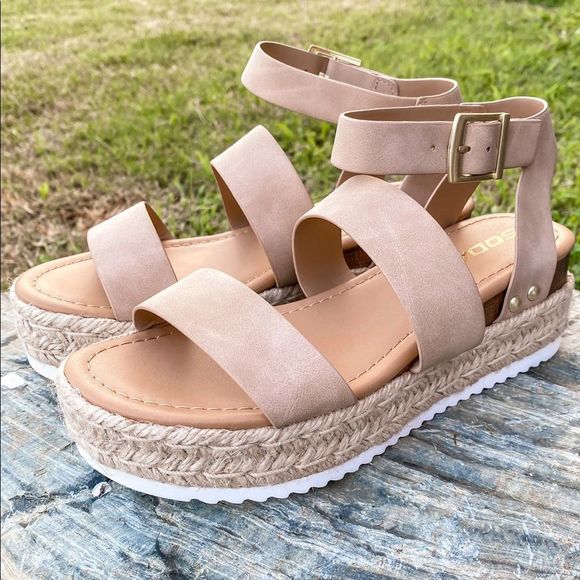 Soda Bryce Espadrille Platform Sandal in Taupe Strappy Faux Leather - Picture 2 of 8